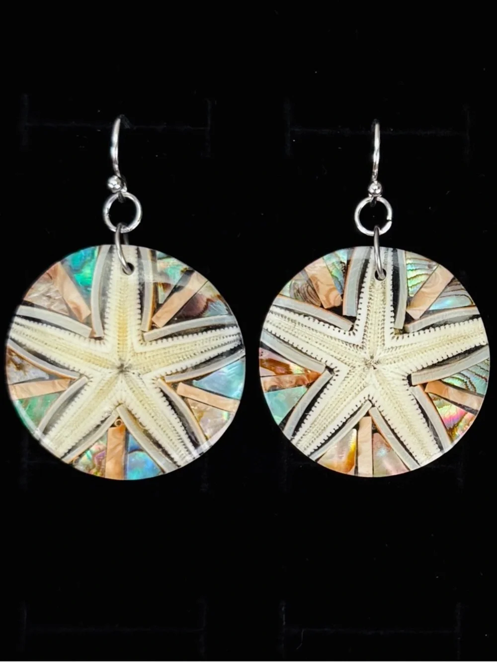 Abalone Mother-of-Pearl Starfish Disc Pierced Dangle Earrings Coastal